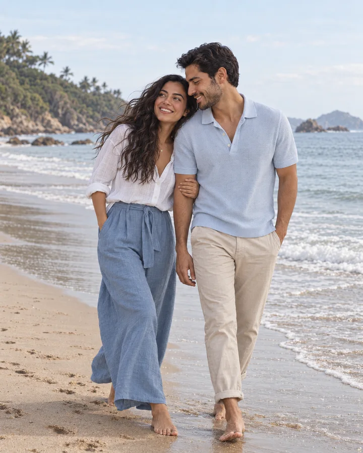 Itzel y Martín paseando por la playa con ropa informal