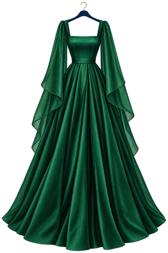 Vestido formal verde esmeralda con mangas capa