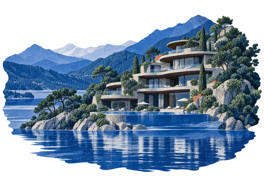 Ilustración editorial de El Santuario frente al lago de Valle de Bravo