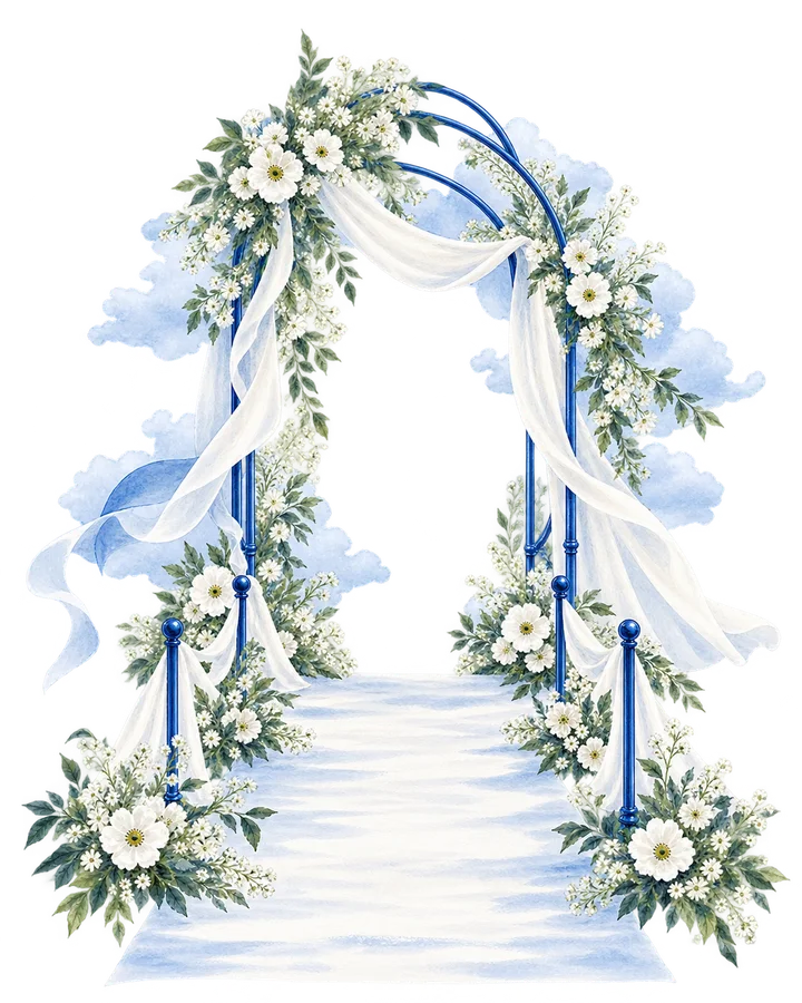 Acuarela del arco de ceremonia entre nubes y flores blancas