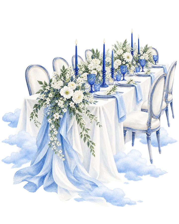 Acuarela de una mesa larga vestida en blanco y azul