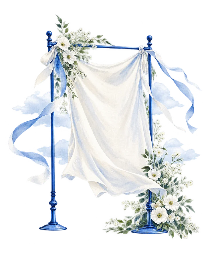 Acuarela de la bienvenida entre nubes, flores y cintas azules